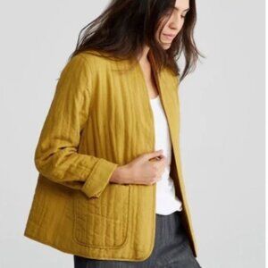 Eileen Fisher Quilted Linen Slub High Collar Jacket Mustard Yellow Small